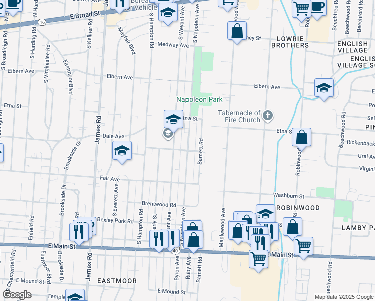 map of restaurants, bars, coffee shops, grocery stores, and more near South Napoleon Avenue & Plymouth Avenue in Columbus