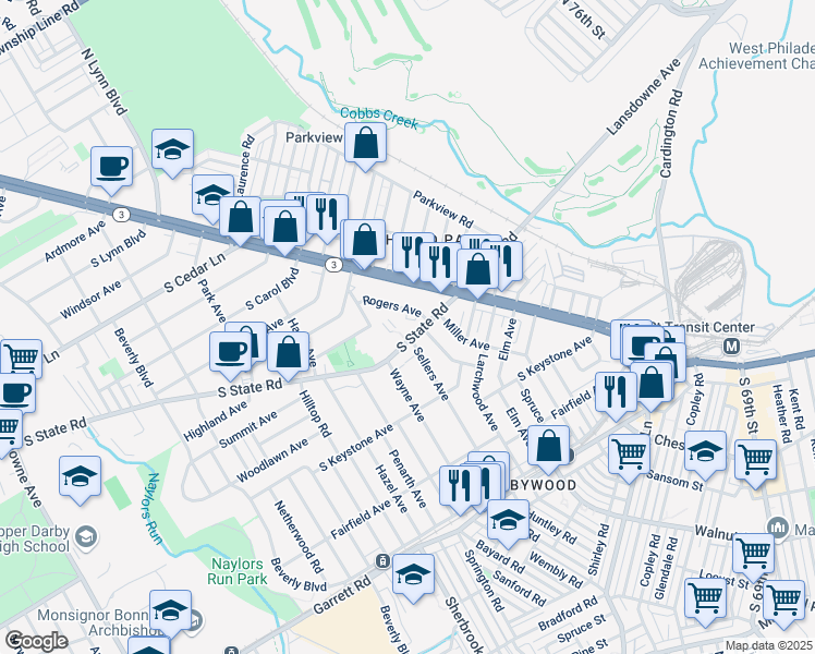 map of restaurants, bars, coffee shops, grocery stores, and more near 50 South State Road in Delaware County