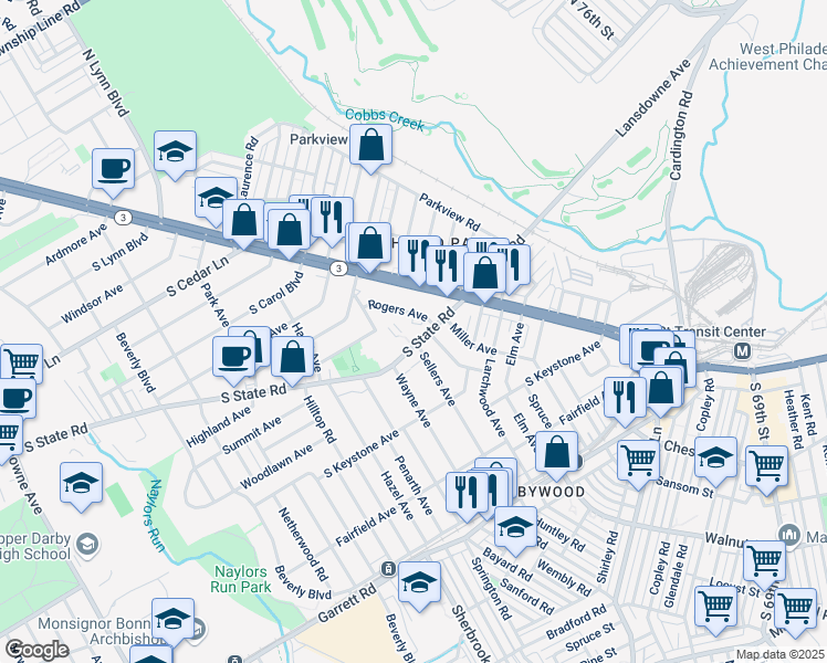 map of restaurants, bars, coffee shops, grocery stores, and more near 50 South State Road in Upper Darby