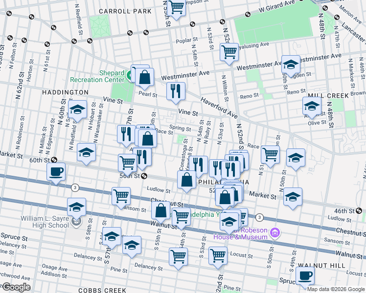 map of restaurants, bars, coffee shops, grocery stores, and more near 104 North Sickels Street in Philadelphia
