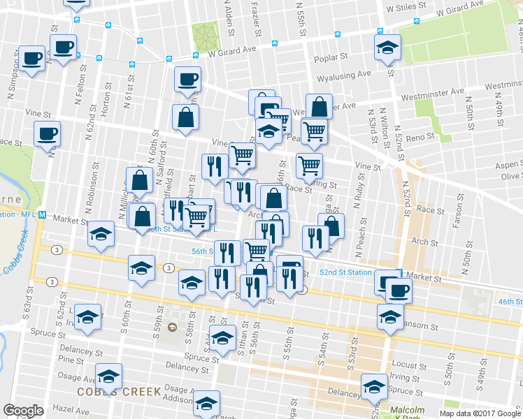 map of restaurants, bars, coffee shops, grocery stores, and more near 5628 Appletree Street in Philadelphia