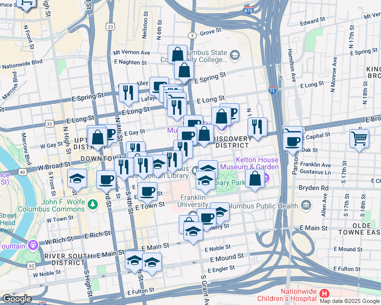 map of restaurants, bars, coffee shops, grocery stores, and more near 371 East Broad Street in Columbus