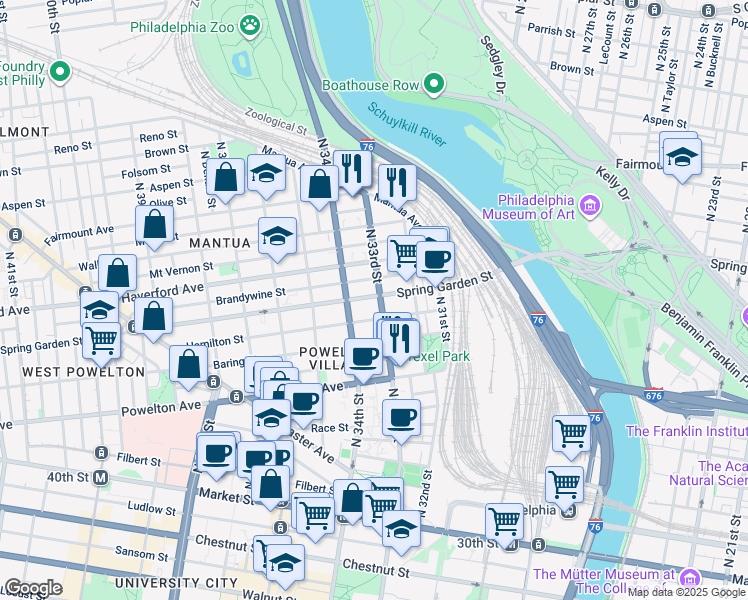 map of restaurants, bars, coffee shops, grocery stores, and more near 3300 Spring Garden Street in Philadelphia