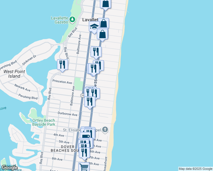 map of restaurants, bars, coffee shops, grocery stores, and more near 11 Princeton Ave in Lavallette
