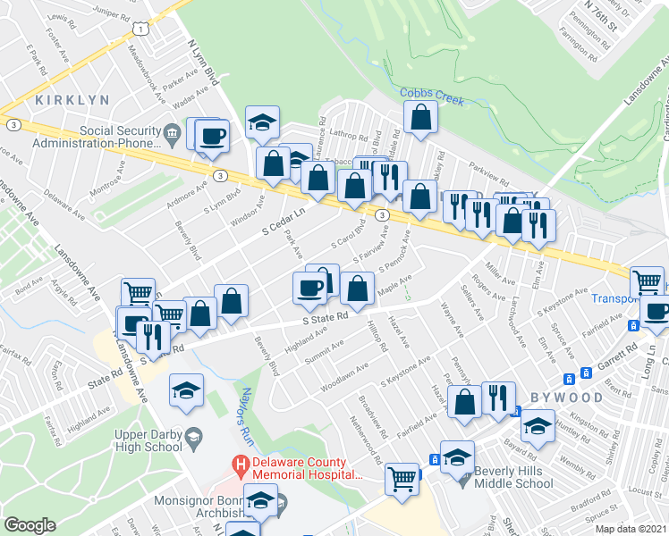 map of restaurants, bars, coffee shops, grocery stores, and more near 126 South Fairview Avenue in Upper Darby