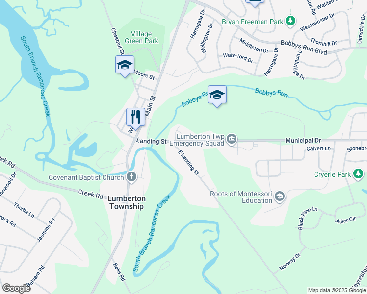 map of restaurants, bars, coffee shops, grocery stores, and more near 442 East Landing Street in Lumberton Township