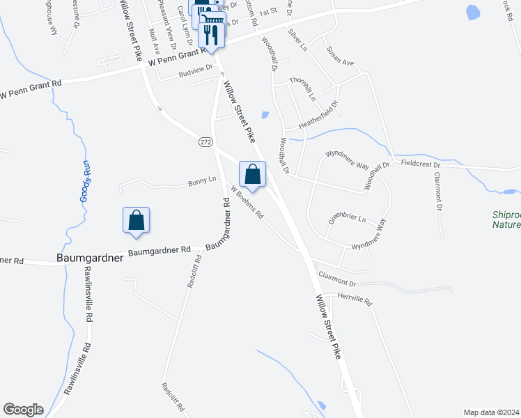 map of restaurants, bars, coffee shops, grocery stores, and more near 82 West Boehms Road in Willow Street