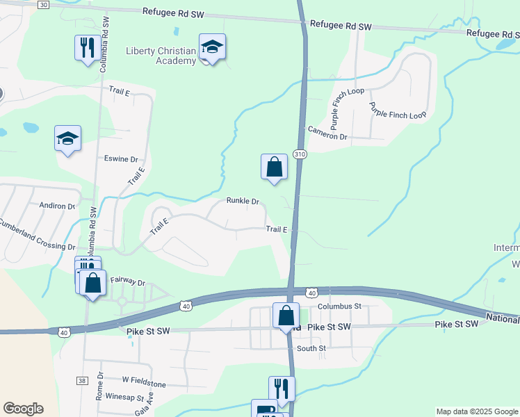 map of restaurants, bars, coffee shops, grocery stores, and more near 53 Runkle Drive in Pataskala