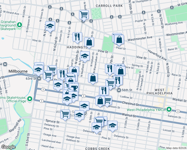 map of restaurants, bars, coffee shops, grocery stores, and more near 5812 Arch Street in Philadelphia