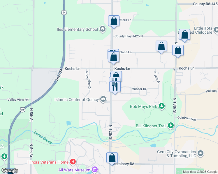 map of restaurants, bars, coffee shops, grocery stores, and more near 2611 North 12th Street in Quincy