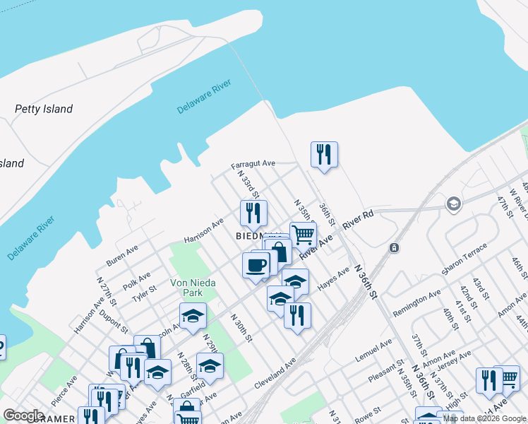 map of restaurants, bars, coffee shops, grocery stores, and more near 1137 North 33rd Street in Camden