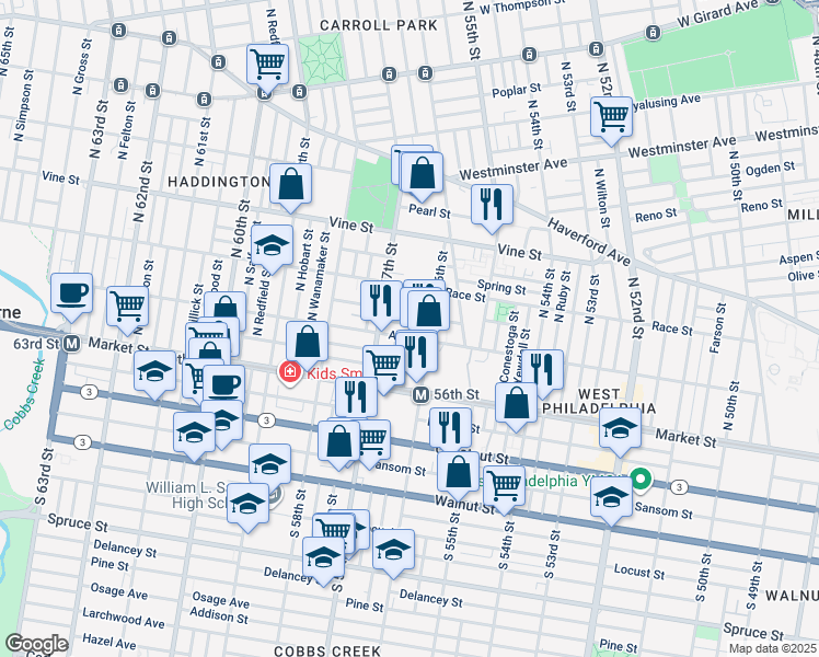 map of restaurants, bars, coffee shops, grocery stores, and more near 5628 Appletree Street in Philadelphia