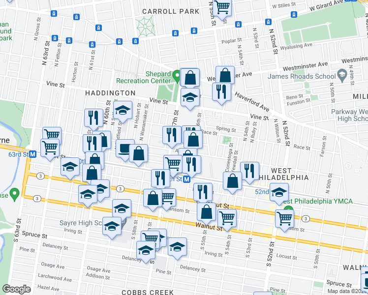 map of restaurants, bars, coffee shops, grocery stores, and more near 5630 Appletree Street in Philadelphia