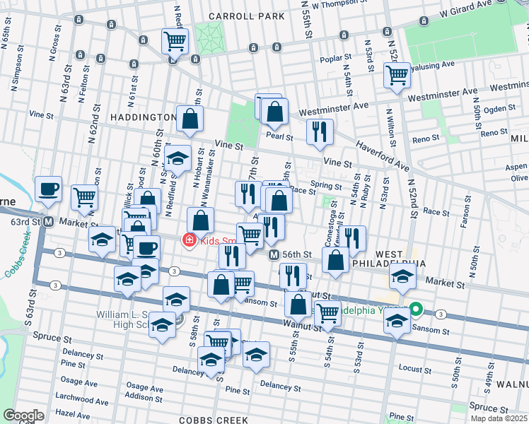 map of restaurants, bars, coffee shops, grocery stores, and more near 5632 Appletree Street in Philadelphia