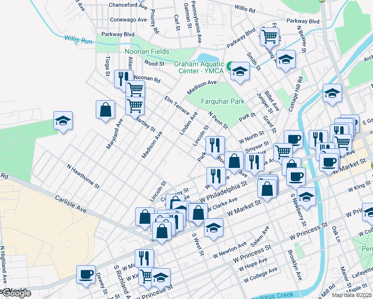 map of restaurants, bars, coffee shops, grocery stores, and more near 307 North Hartley Street in York