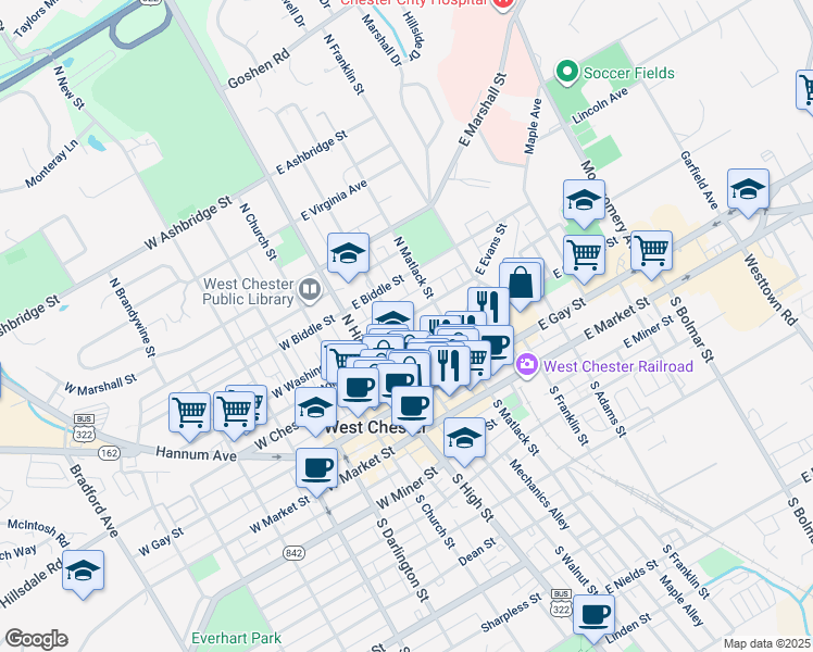 map of restaurants, bars, coffee shops, grocery stores, and more near 106 East Washington Street in West Chester