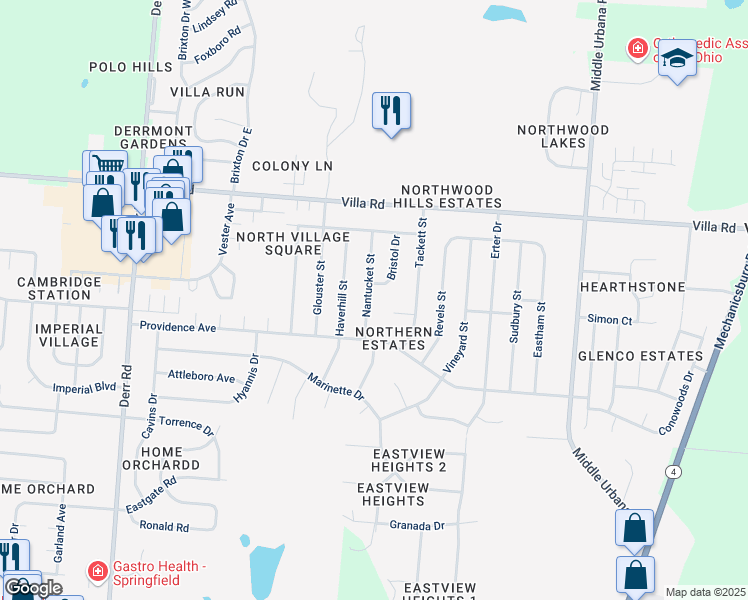 map of restaurants, bars, coffee shops, grocery stores, and more near 3146 Nantucket Street in Springfield