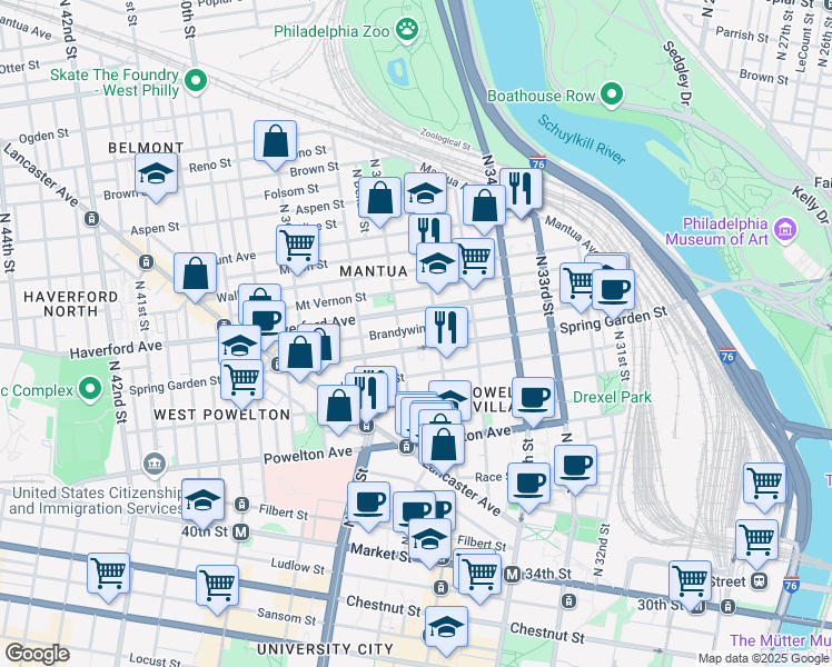 map of restaurants, bars, coffee shops, grocery stores, and more near 3618 Brandywine Street in Philadelphia