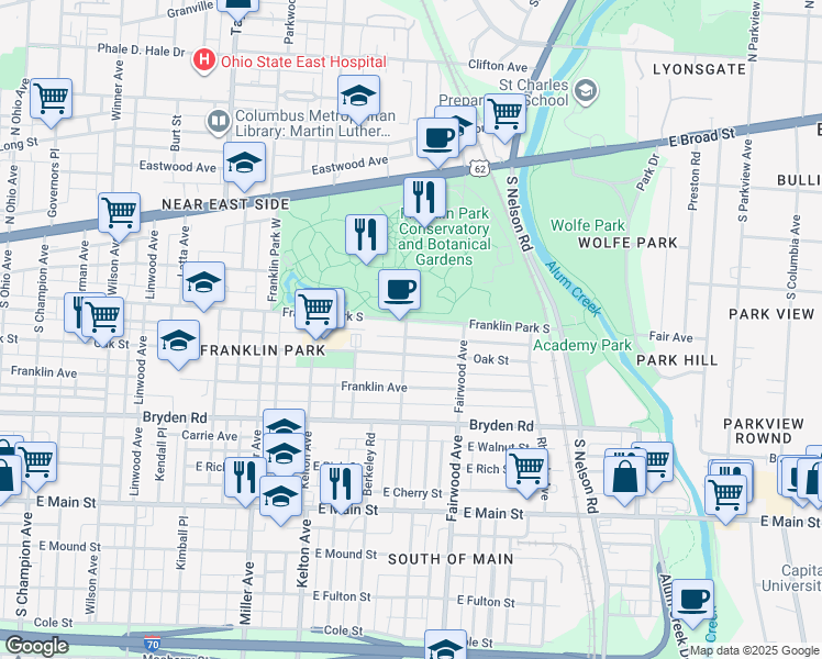 map of restaurants, bars, coffee shops, grocery stores, and more near 1707 Franklin Park S in Columbus