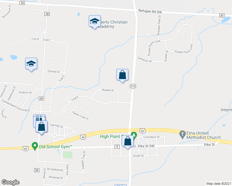 map of restaurants, bars, coffee shops, grocery stores, and more near 53 Runkle Drive in Pataskala