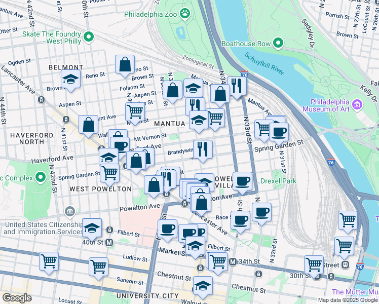 map of restaurants, bars, coffee shops, grocery stores, and more near 3616 Brandywine Street in Philadelphia
