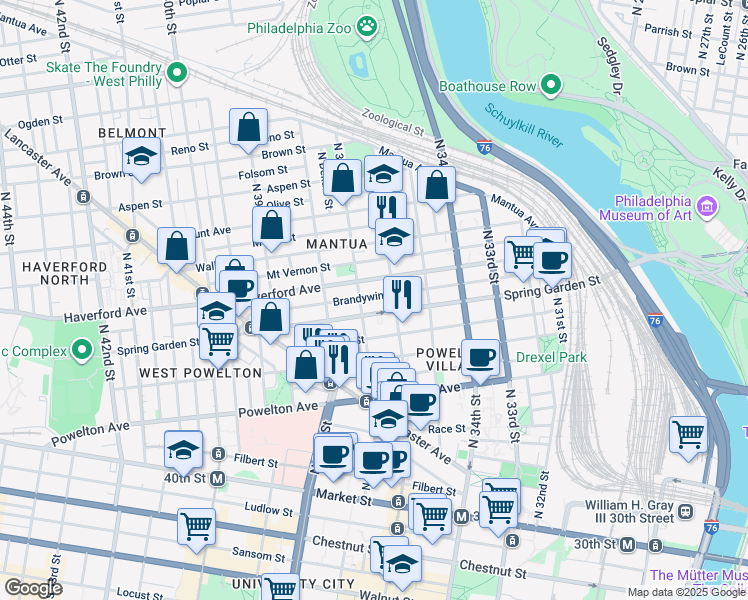 map of restaurants, bars, coffee shops, grocery stores, and more near 3620 Brandywine Street in Philadelphia
