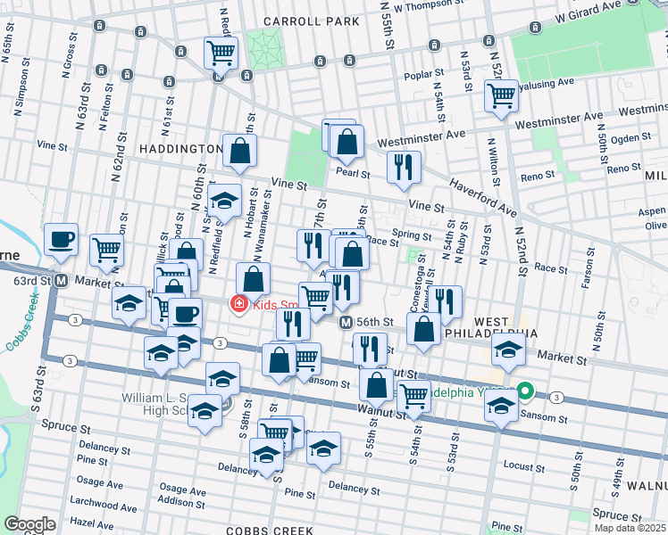 map of restaurants, bars, coffee shops, grocery stores, and more near 5632 Appletree Street in Philadelphia