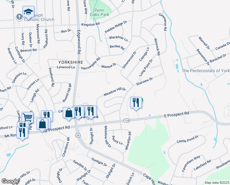 map of restaurants, bars, coffee shops, grocery stores, and more near 138 Meadow Hill Drive in York