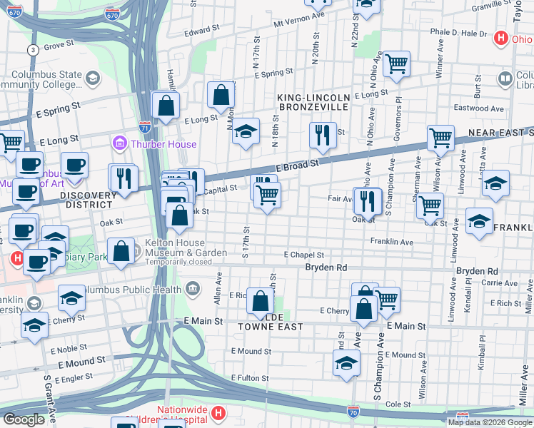 map of restaurants, bars, coffee shops, grocery stores, and more near South 18th Street & Oak Street in Columbus
