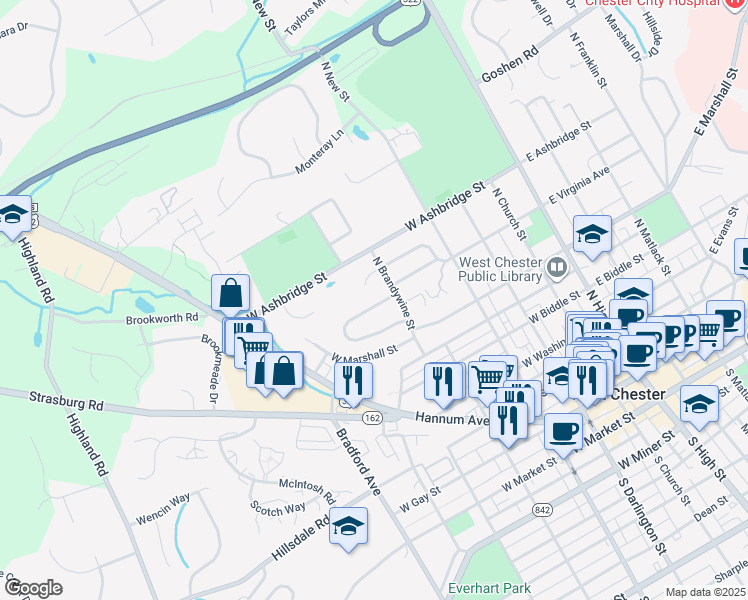 map of restaurants, bars, coffee shops, grocery stores, and more near 525 North Maryland Avenue in West Chester