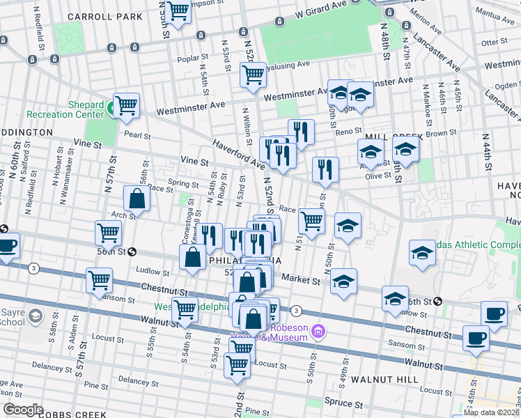 map of restaurants, bars, coffee shops, grocery stores, and more near 5216 Race Street in Philadelphia