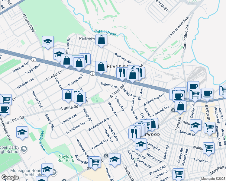 map of restaurants, bars, coffee shops, grocery stores, and more near 40 South State Road in Delaware County