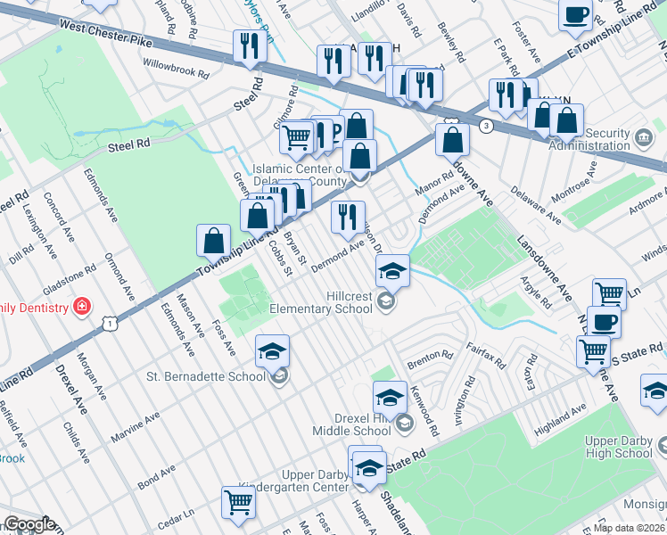 map of restaurants, bars, coffee shops, grocery stores, and more near 1139 Agnew Drive in Upper Darby