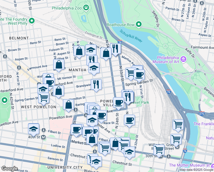 map of restaurants, bars, coffee shops, grocery stores, and more near 3421 Spring Garden Street in Philadelphia