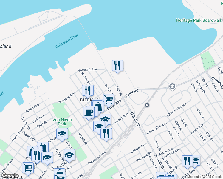 map of restaurants, bars, coffee shops, grocery stores, and more near 1068 North 35th Street in Camden