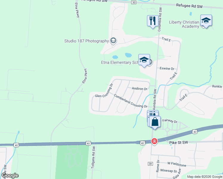 map of restaurants, bars, coffee shops, grocery stores, and more near 219 Glen Crossing Drive in Etna