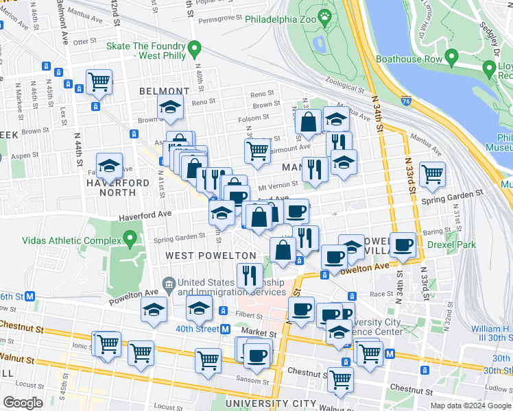 map of restaurants, bars, coffee shops, grocery stores, and more near 3900 Haverford Avenue in Philadelphia