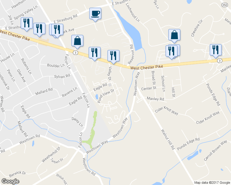 map of restaurants, bars, coffee shops, grocery stores, and more near 802 Valley Drive in West Chester