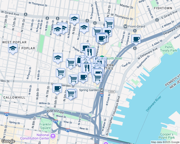 map of restaurants, bars, coffee shops, grocery stores, and more near 728 North Bodine Street in Philadelphia