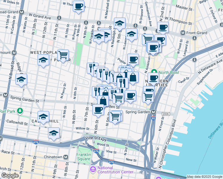 map of restaurants, bars, coffee shops, grocery stores, and more near 638 North 5th Street in Philadelphia