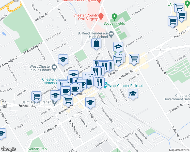 map of restaurants, bars, coffee shops, grocery stores, and more near 234 East Chestnut Street in West Chester