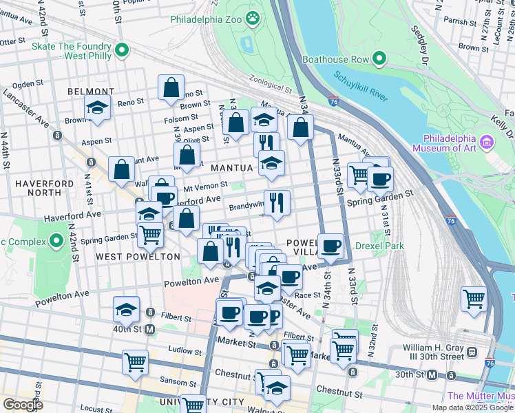 map of restaurants, bars, coffee shops, grocery stores, and more near 3620 Brandywine Street in Philadelphia