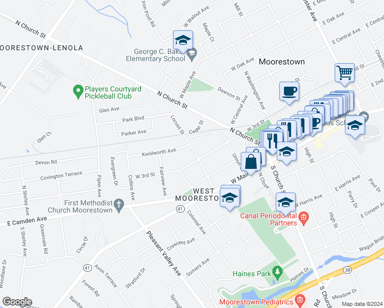 map of restaurants, bars, coffee shops, grocery stores, and more near 314 Locust Street in Moorestown