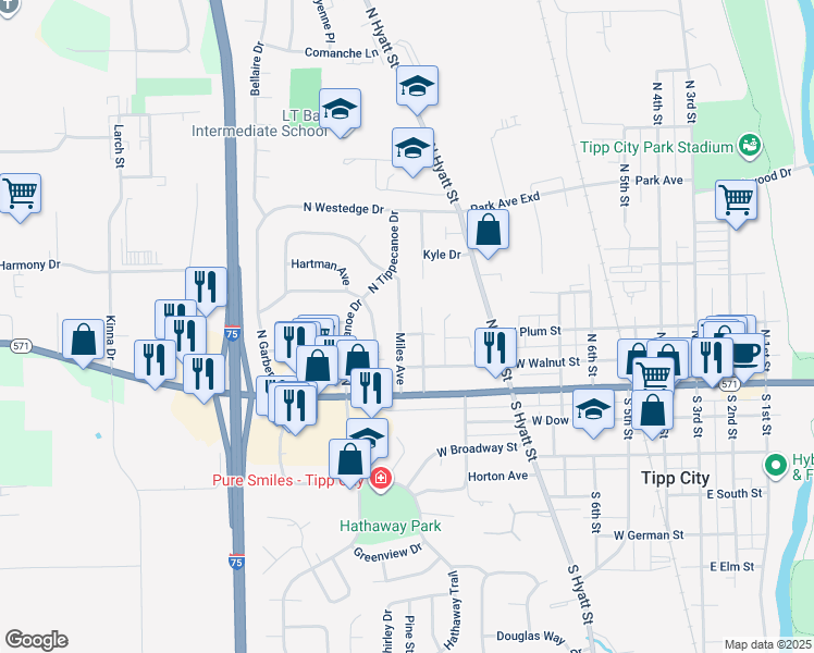 map of restaurants, bars, coffee shops, grocery stores, and more near 210 Miles Avenue in Tipp City