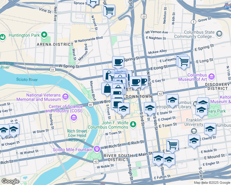 map of restaurants, bars, coffee shops, grocery stores, and more near 33 North High Street in Columbus