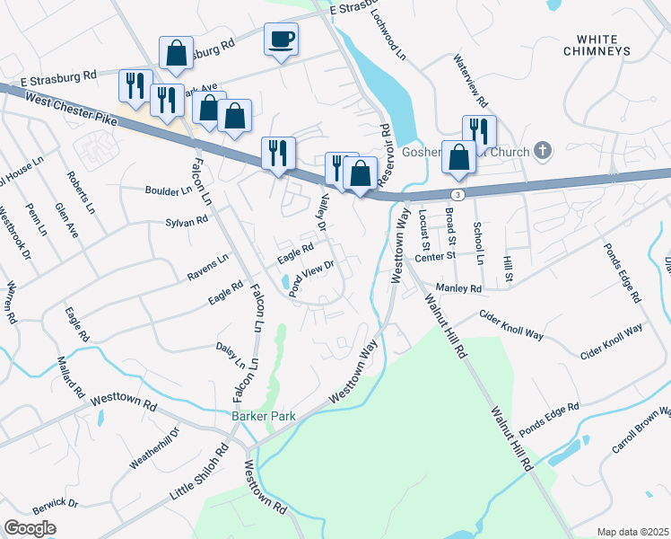 map of restaurants, bars, coffee shops, grocery stores, and more near 802 Valley Drive in West Chester