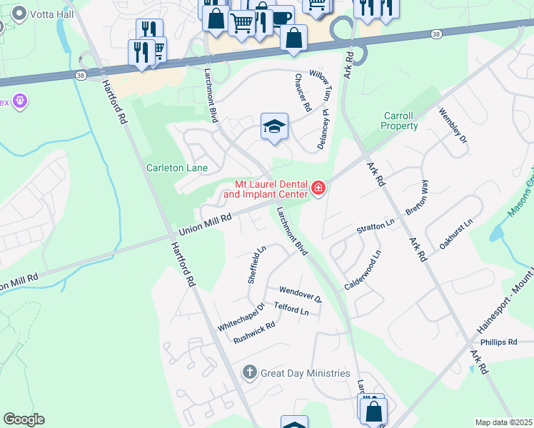 map of restaurants, bars, coffee shops, grocery stores, and more near 110 Ashby Court in Mount Laurel Township