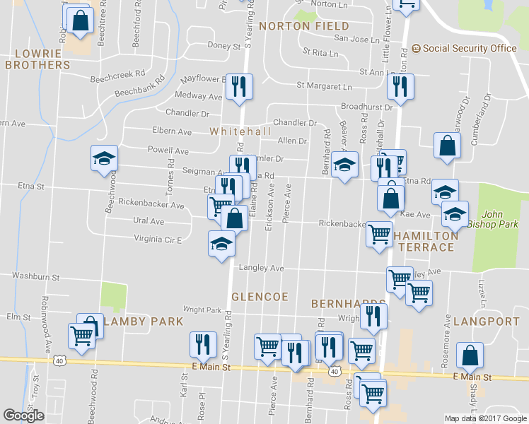 map of restaurants, bars, coffee shops, grocery stores, and more near 561 Erickson Avenue in Columbus