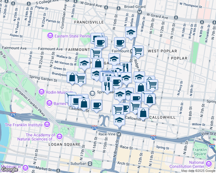 map of restaurants, bars, coffee shops, grocery stores, and more near 1533 Spring Garden Street in Philadelphia
