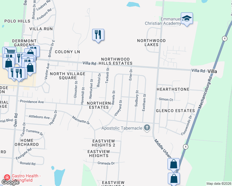 map of restaurants, bars, coffee shops, grocery stores, and more near 3222 Revels Street in Springfield